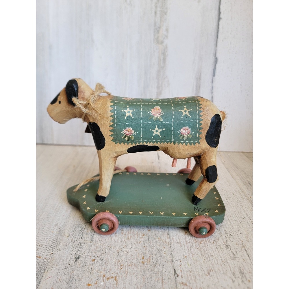 Vintage Primitive art cow pull along toy figure M Kurtz wooden unique home decor